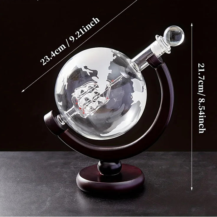Globe Whisky Decanter Set with Wood Stand | Lead-Free Crystal