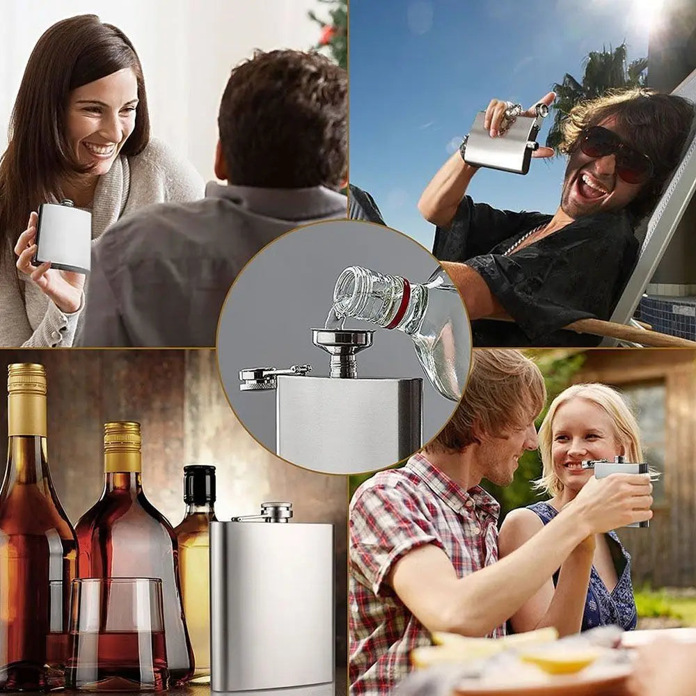 Collage of people enjoying drinks, a bottle being poured, and various bottles with a focus on a silver flask.
