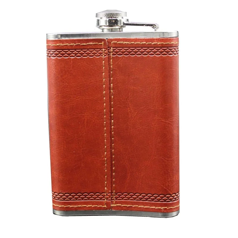 9oz Leather-Wrapped Stainless Steel Hip Flask with Funnel