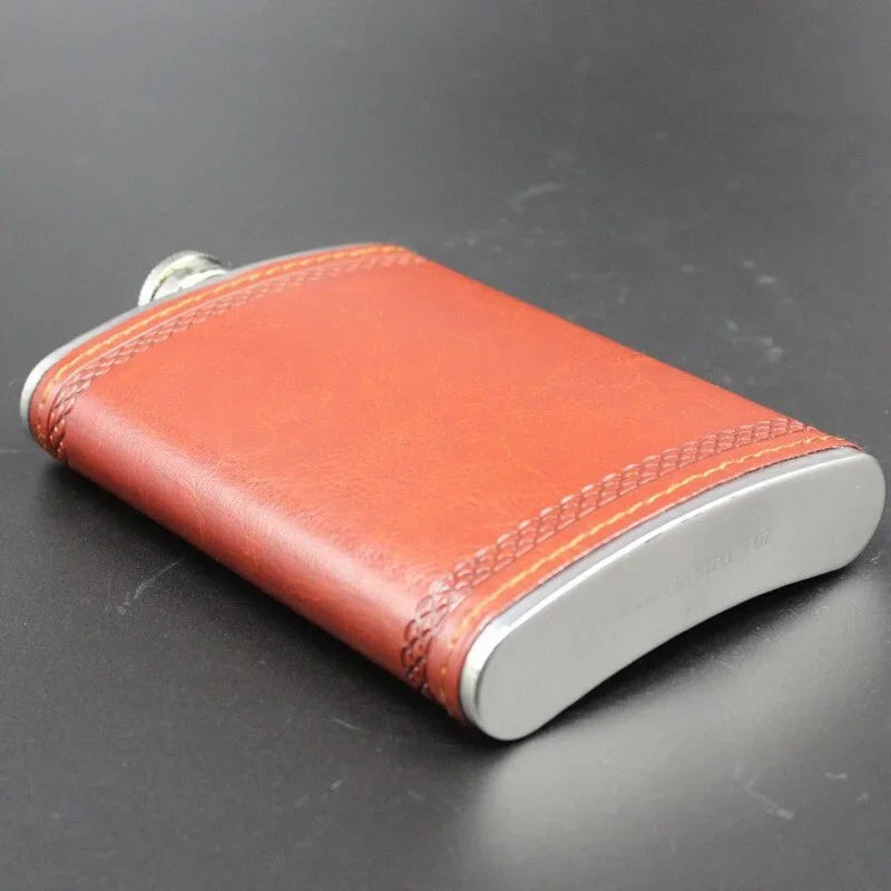 9oz Leather-Wrapped Stainless Steel Hip Flask with Funnel