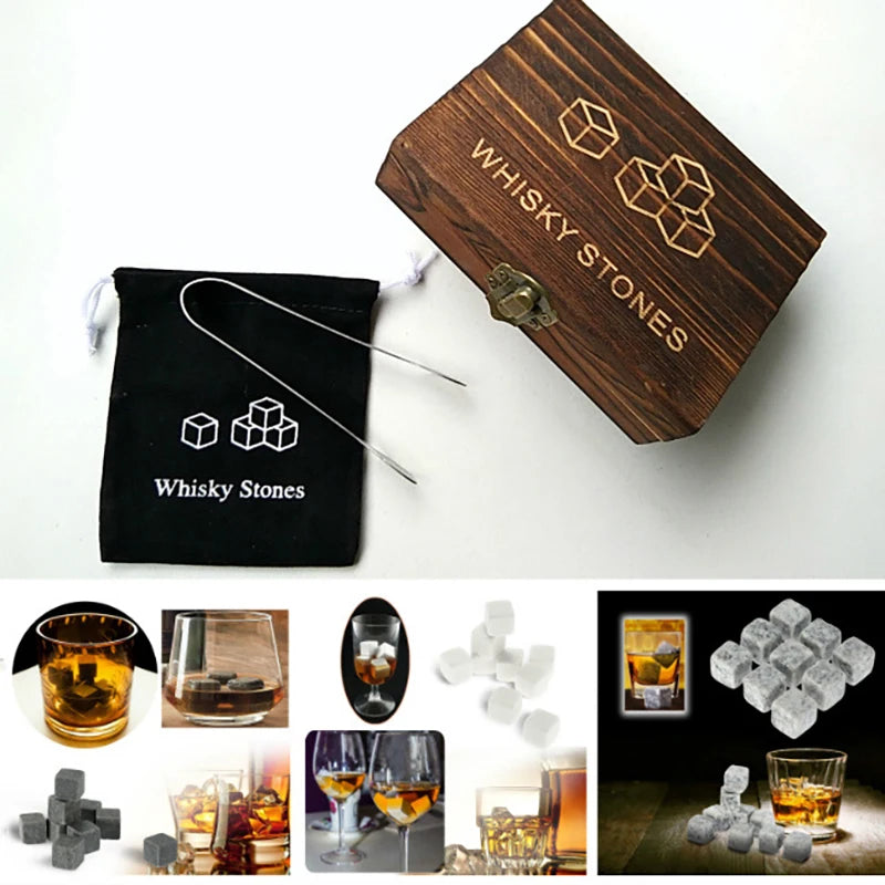 Whiskey Stones Set - 9 Granite Chilling Rocks with Velvet Bag & Metal Tong
