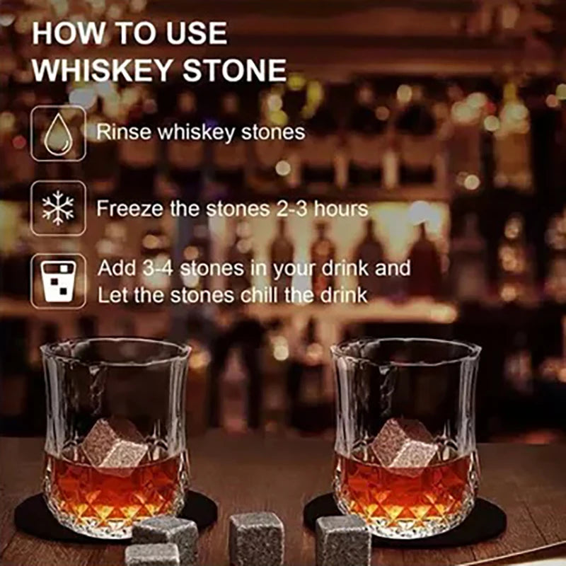 Whiskey Stones Set - 9 Granite Chilling Rocks with Velvet Bag & Metal Tong