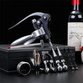 Wine opener set with corkscrew and bottle stoppers on a black background