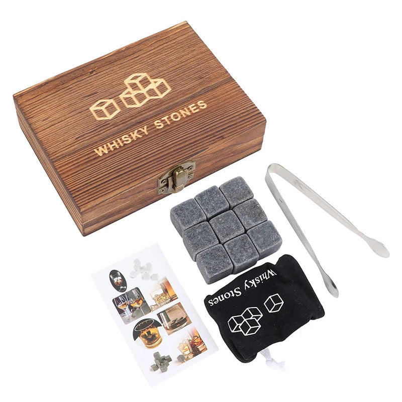 Whiskey Stones Set - 9 Granite Chilling Rocks with Velvet Bag & Metal Tong