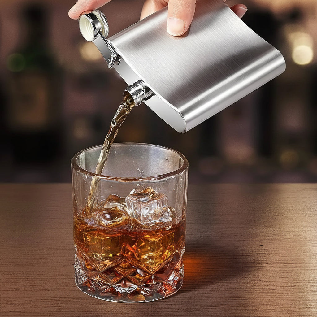 Person pouring liquid from a silver flask into a glass with ice on a wooden surface.