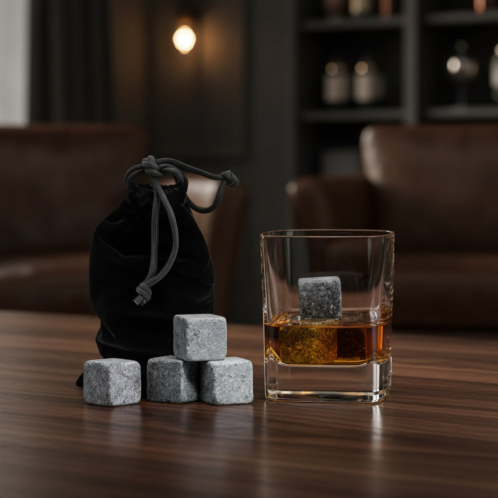 Set of whiskey stones with a glass of whiskey and a black drawstring bag on a white background