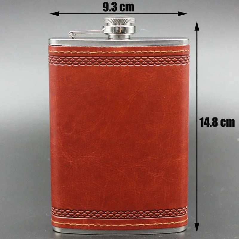 9oz Leather-Wrapped Stainless Steel Hip Flask with Funnel