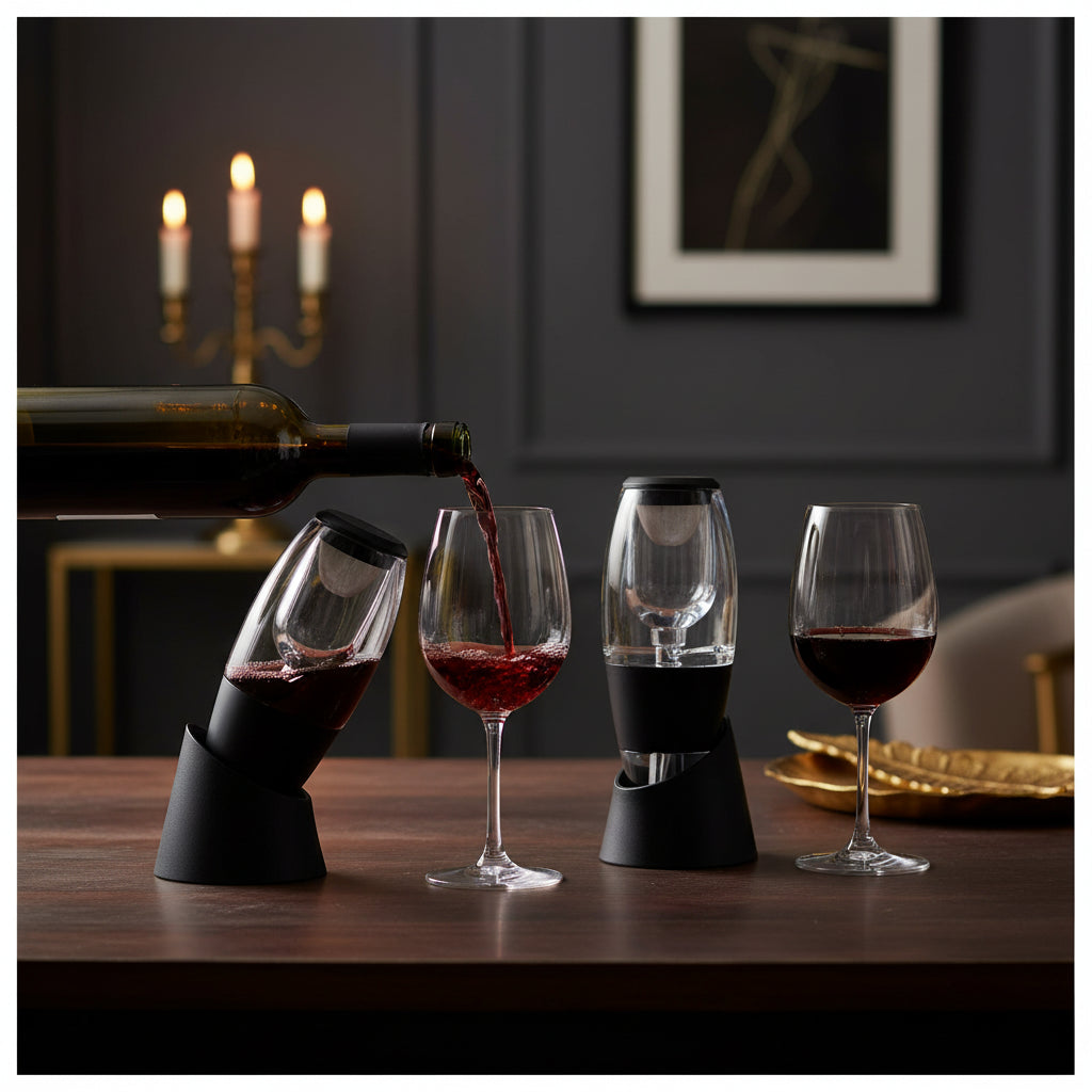 Two wine aerators with black and silver design on a white background