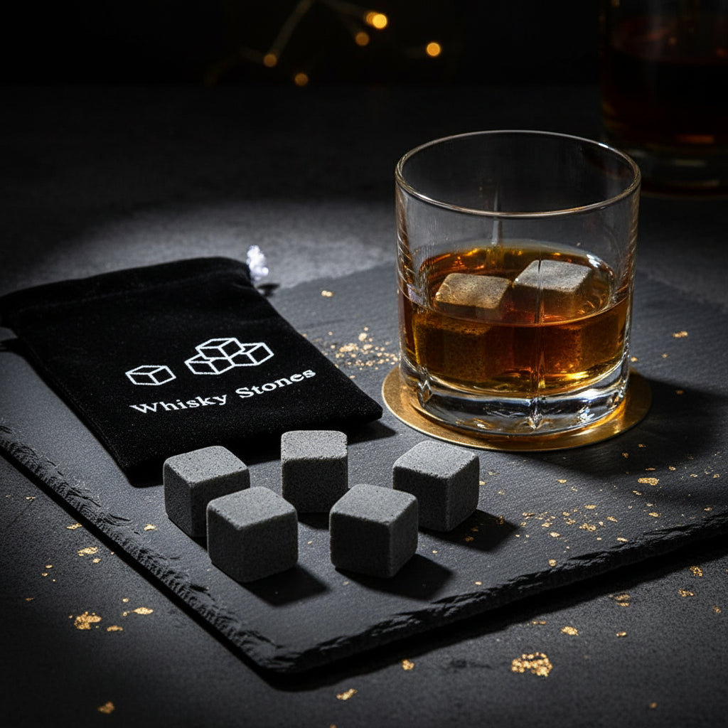 Set of whiskey stones with a black pouch labeled 'Whisky Stones' on a white background