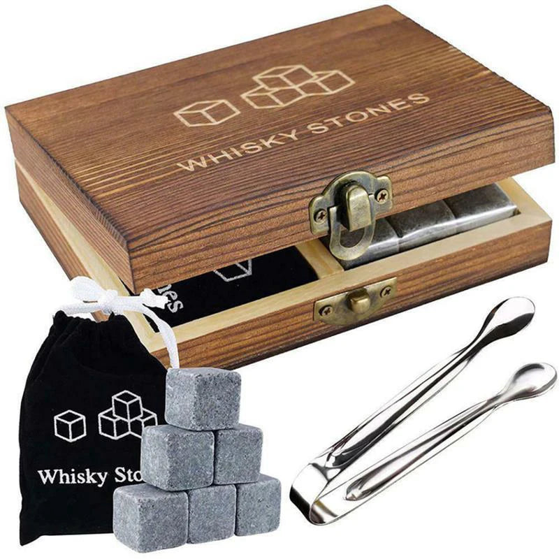 Whiskey Stones Set - 9 Granite Chilling Rocks with Velvet Bag & Metal Tong