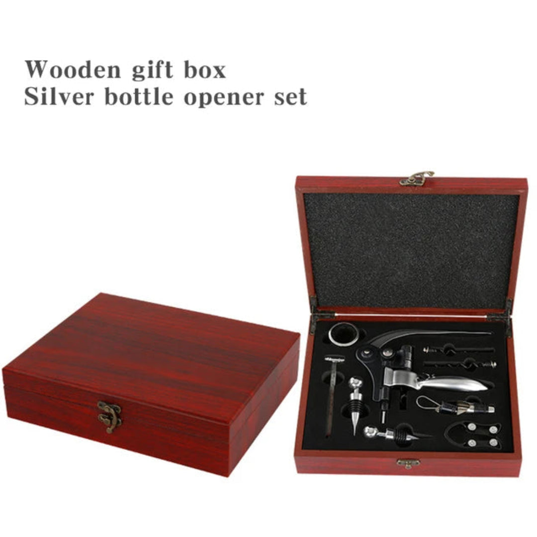 Silver bottle opener set in a wooden gift box on a white background