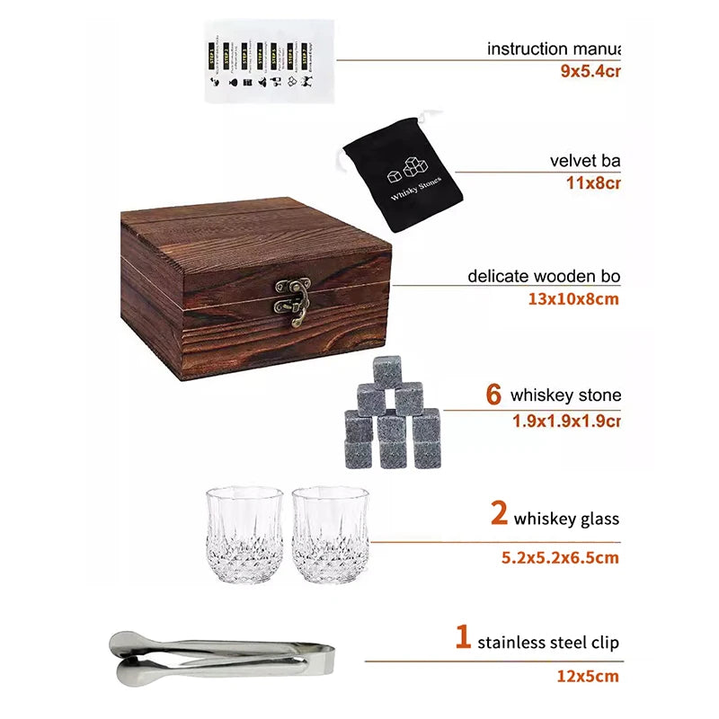 Whiskey Stones Set - 9 Granite Chilling Rocks with Velvet Bag & Metal Tong