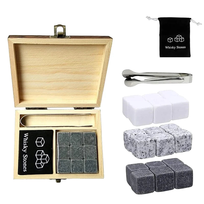 Whiskey Stones Set - 9 Granite Chilling Rocks with Velvet Bag & Metal Tong