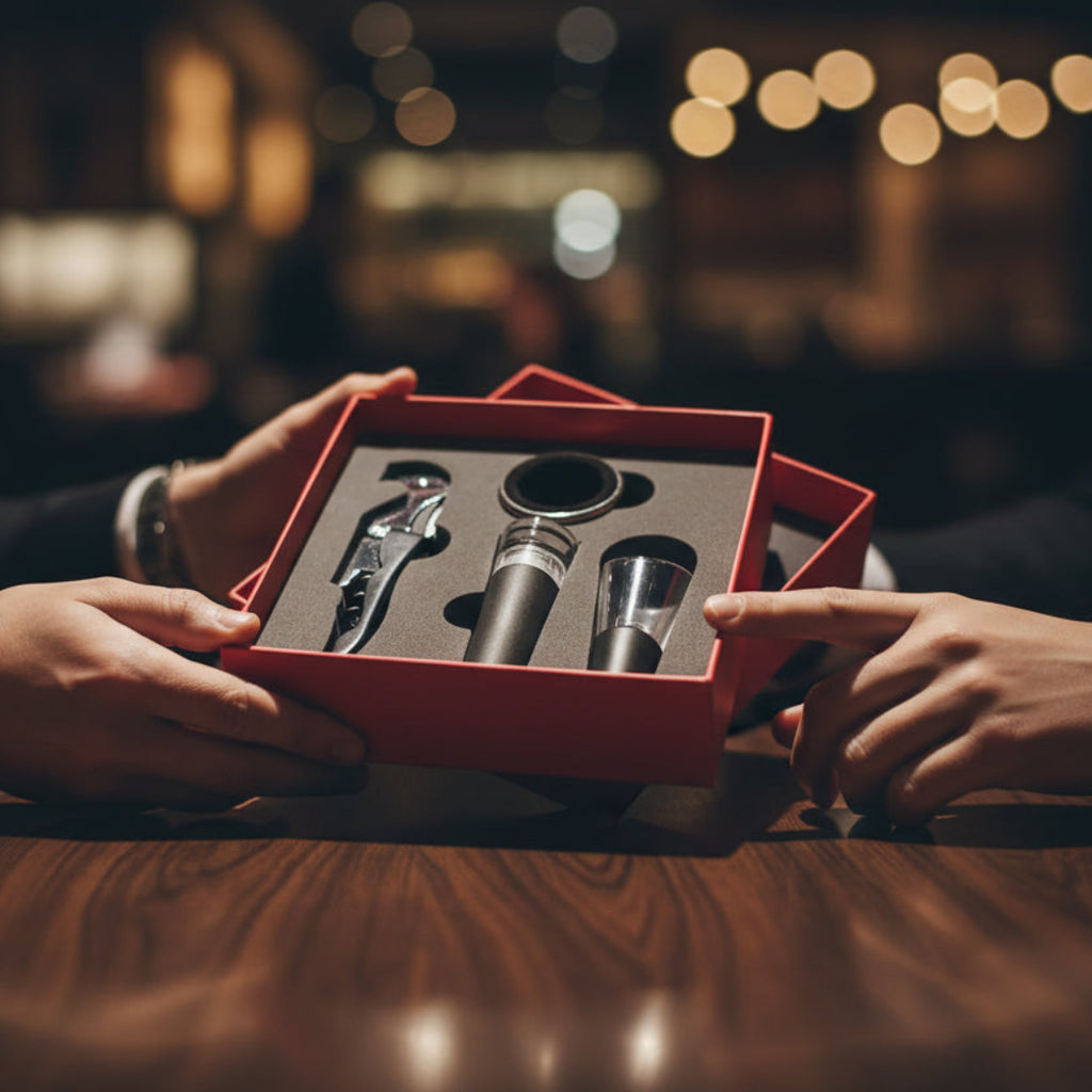 Wine accessory set including a corkscrew, bottle opener, and two glasses in a red box.