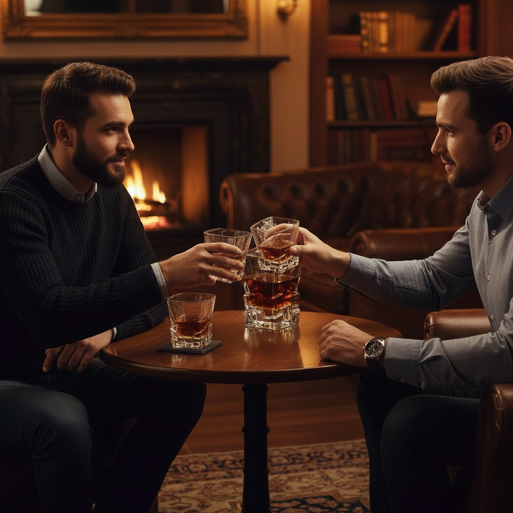 Two men sitting across from each other at a small round wooden table in a cozy, warmly lit living room with a fireplace and leather armchair. They are holding and clinking whiskey glasses, with one glass containing amber liquor.