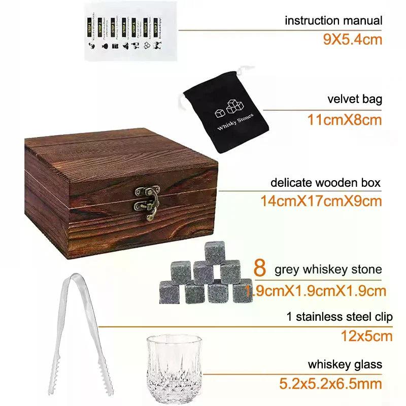 Whiskey Stones & Crystal Glass Gift Set | Wooden Gift Box