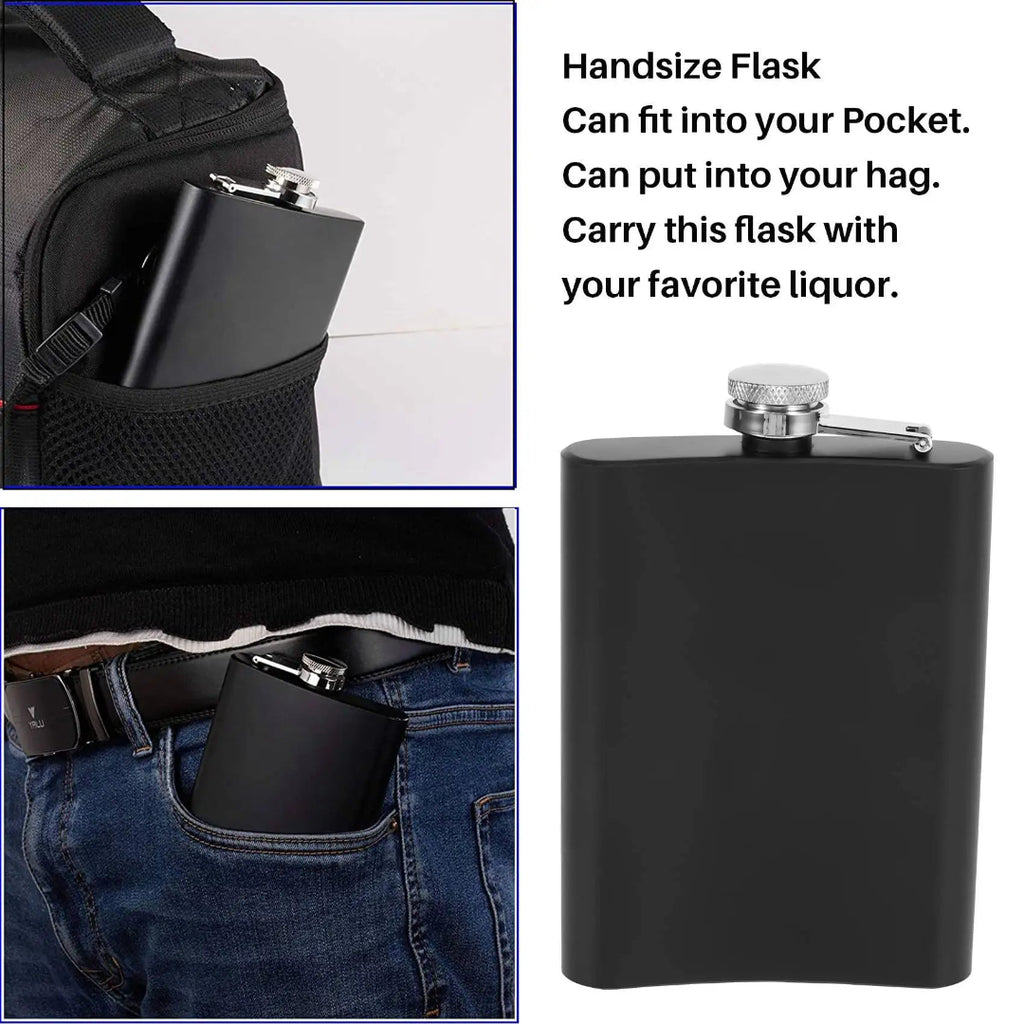 Black flask with silver cap displayed in various settings.