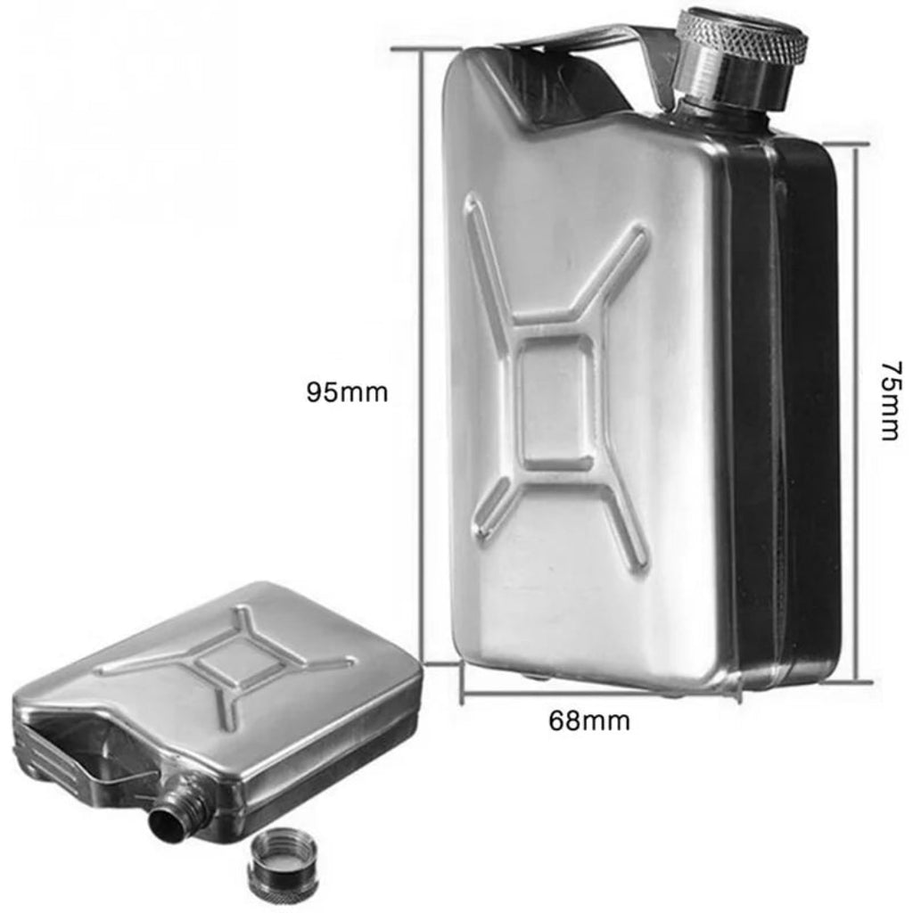 Metal fuel can flask with dimensions on a white background