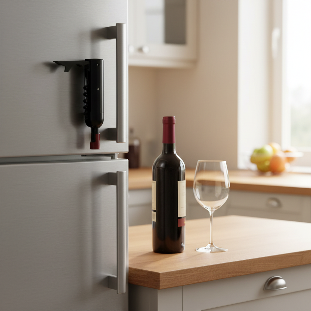Bottle-shaped foldable corkscrew attached to stainless steel fridge with red wine on bench — lifestyle photo