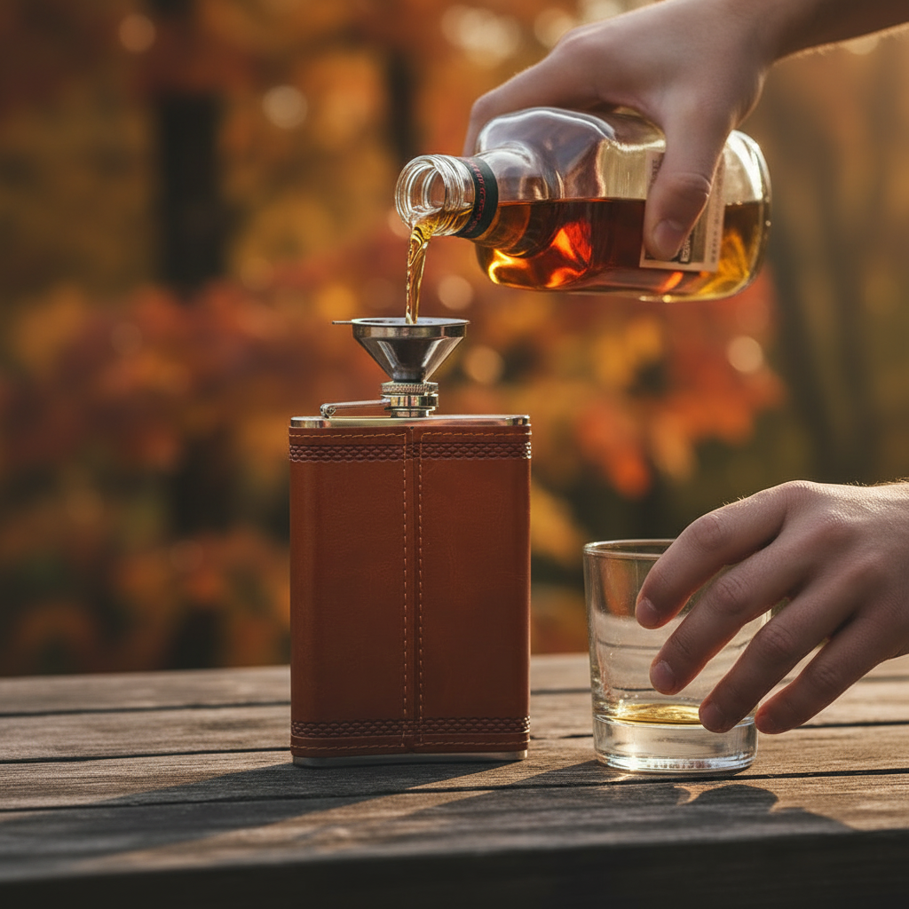 Leather Hip Flask Being Filled with Funnel